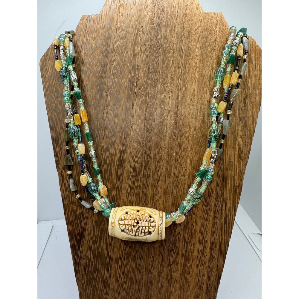 Vintage Multi Strand Beaded Necklace Green Amber Carved Floral Barrel Bead Boho